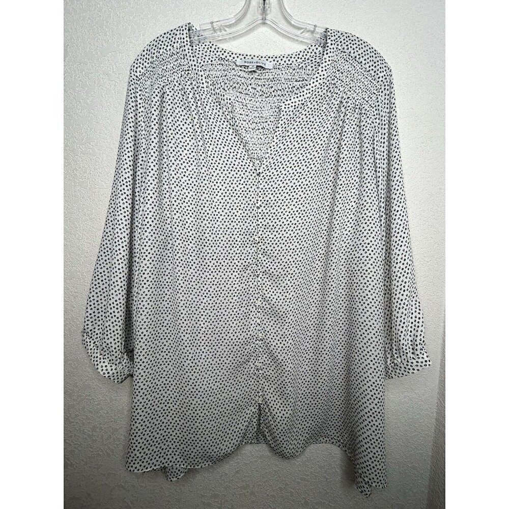 Rose+Olive Top Womens 2X White Black Dots Geometric Office Popover Career Boho